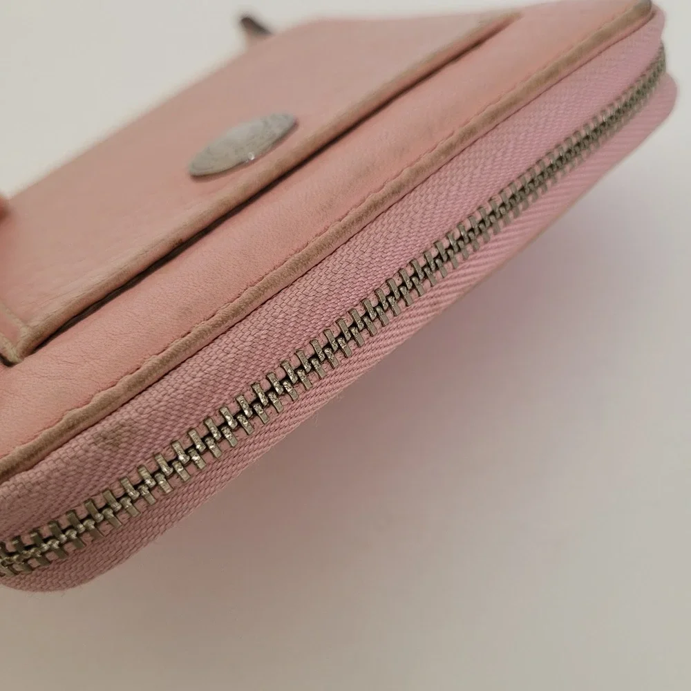 Coach Pink Pebbled Leather Small Zip Around Wallet Coin Pocket Medallion